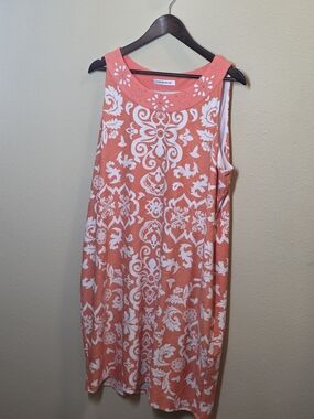 Allison Daley Coral and White Sleeveless Midi Dress 60's Vibe Wedding Guest Lg.
